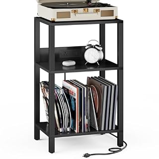 TUTOTAK Record Player Stand with Storage Up to 100 Albums,Record Storage Table,3 Tier End Table with Charging Station,Side Table for Living Room, Bedroom, Black TB01BK076 - Les Beatles, Paul McCartney, John Lennon, RIngo Starr, George Harrison