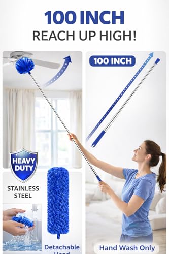 Jig-Tik 100 Inch Extendable Ceiling Fan Cleaning Duster with Telescopic Stainless Steel Rod | Detachable & Washable Microfiber Heads | Long Handle for Fan, Cobweb, AC & Curtain Cleaning (Blue) 2 41FDsZHWs2L