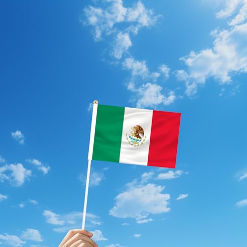 Rotenl Minibandeiras pequenas do México, pacote com 25 bandeiras mexicanas de mão com mastro de 11,8