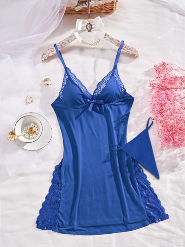Image of Foxiny Sexy Split Side Floral Lace Trim Full Slip Night Gown Babydoll Lingerie Dress with Thong 2 piece