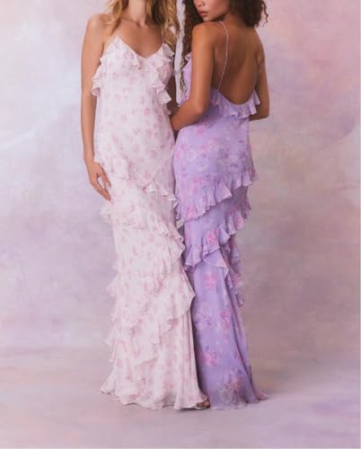 Image of SOOKABEILA Women Y2k Boho Maxi Dress Floral Lace Sheer Tiered Flowy Cami Long Dress 2025 Summer Smocked Beach Sundress