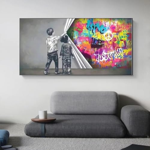 Peinture décorative graffiti abstrait et cadre noir grand format 75x150 cm