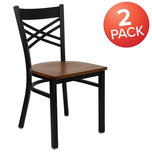 Image of Flash Furniture 2 Pk. HERCULES Series Black ''X'' Back Metal Restaurant Chair - Cherry Wood Seat