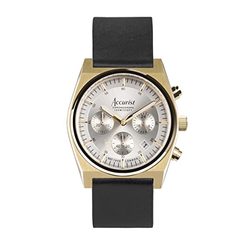 Accurist Mens Origin 41mm Quartz Watch in Silver with Chronograph Analogue Display, and Black Leather Strap 70005