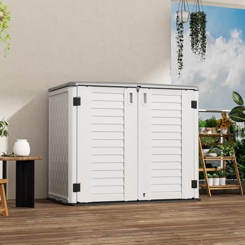 Image of Mrosaa Outdoor Patio Storage Shed,Waterproof Horizontal Outdoor Storage Cabinet for Garbage Cans,Tools and Lawnmower Lockable(34 Cu.ft-Warm-White)