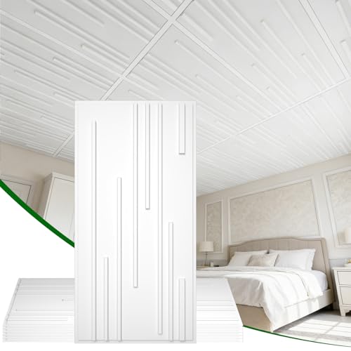 LooYee 24 PCS 2x4 FT Vertical Stripe Decorative Ceiling Tiles, 24x48 Inch 3D Modern Minimalist Ceiling Panels, PVC Waterproof Cuttable Material Ideal for Living Room Bedroom Cover