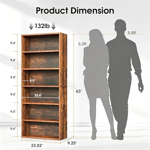 Image of HealSmart 6 Tier Bookcase, Industrial 6 Book Shelf, 9.2 inch D x 23.8 inch W x 63 inch H Tall Open Cube Storage Organizer for Home Office, Living Room, Bedroom and Dinning Room, Brown