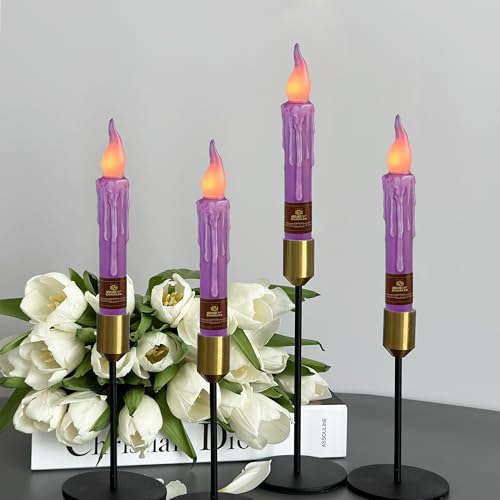 Image of Purple Flameless Short Taper Candles, Real Wax Hand Dipped LED Battery Operated with Remote, Flickering Flame Lights for Festival Party Home Decor, 6.7 Inch Primitive Flameless Candles, 2PCS