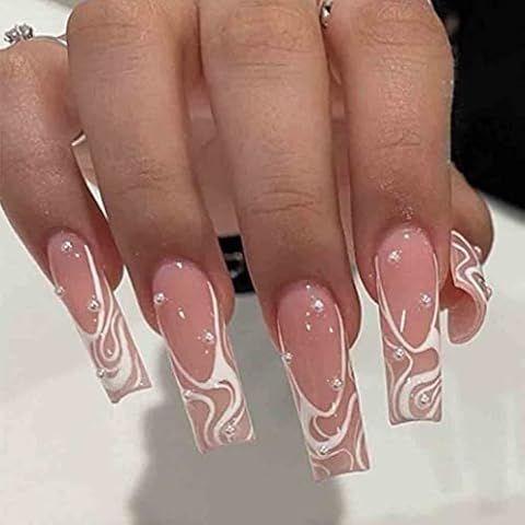 Foccna Square Press on Nails Long, Pearl Pink Fake Nails Acrylic False Nails,Artificial Nails for Women and Girls 24 pcs Cover