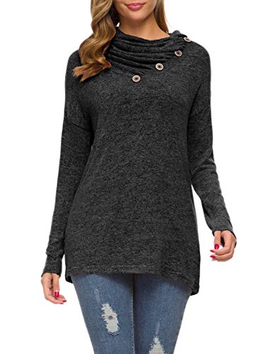 Weaczzy Womens Long Sleeve Button Cowl Neck Casual Loose Tunic Tops Blouse (Large, 01 Black) #TOP2