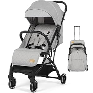 Baby Stroller Pushchair, One-Hand Foldable Compact Travel Stroller Buggy with Rain Cover&Mosquito Net, Lightweight Baby Pram with 5-Point Harness, Adjustable Seat and Large Basket, 0-15KG, Light Grey