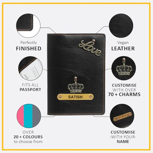 Image of ncgifts Customised Leather Passport Holder: Personalised Name & Charm for Men & Women - Unique Travel Gift, Document Organiser, Boarding Pass Holder, Customised Gifts for Men & Women (Black)