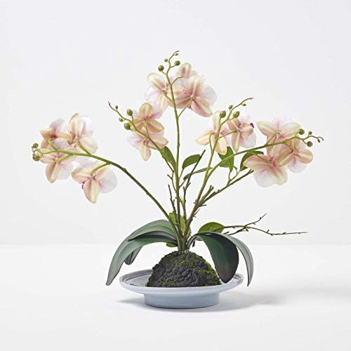HOMESCAPES Artificial Pink and White Orchid in Pot 38 cm Tall Lifelike Faux Orchid Plant In Grey Ceramic Bowl Real Touch Silk Flowers and Green Leaves Phalaenopsis Orchid Flower for Indoor Decoration