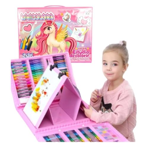 Unicolors Kit de Arte e Pintura Infantil com 208 Peças, Estojo Mágico Multicolor com Tema Unicórnio, 40cm x 30cm, Rosa