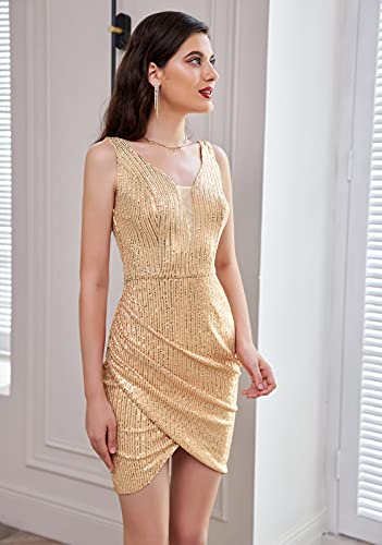 Grace Karin Women Deep V Neck Party Mini Dress U Back Sequin Irregular Hem Evening Dress #TOP4