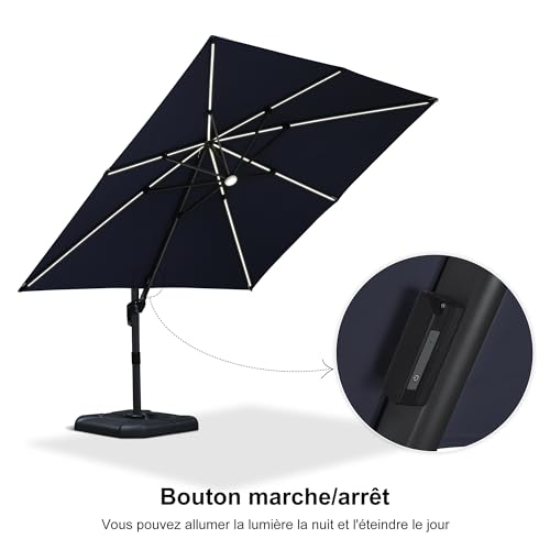 Image of PURPLE LEAF 3 x 3 m Square Cantilever Parasol with Solar LED, Outdoor Garden Parasol Rotate 60 on Both Sides, Tilt and Rotate 360, UV Protection, Navy Blue