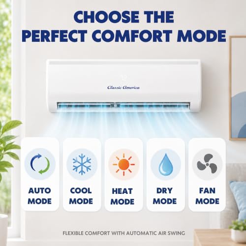 Image of Vtronix Classic America 12000 BTU Smart Mini Split AC /Heat Pump, 19 SEER2 Inverter Ductless Wall Mount, 110 /120V, Quiet 29dB, WiFi /Alexa, Pre-Charged, 16ft Line Set Kit, Up to 550 Sq Ft