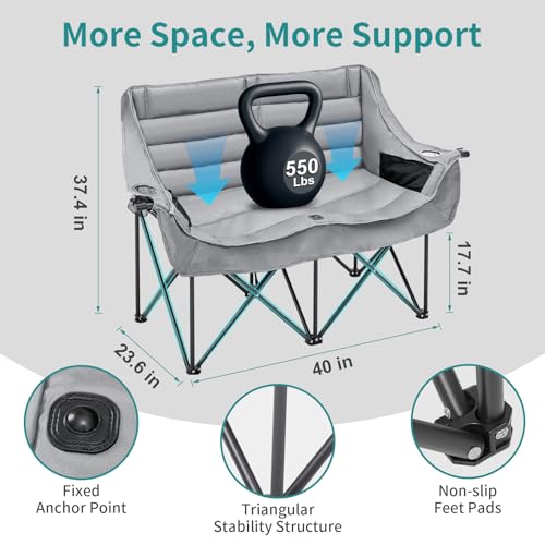 Slsy Oversized Double Camping Chair, Folding 2 Person Camping Chair Loveseat, Fully Padded Duo Chair Camping Couch, Fold Up Double Camp Chair, Lawn Chairs, Camping Bench with Carrying Bag - Thumbnail 5