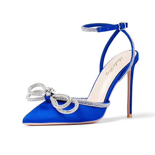 GENSHUO Tacones Altos de Satén Mujer Tacones de Aguja de Imitación 10CM Sandalias de Tacón con Lazo de Purpurina Zapatos de Tacón con Correa en el Tobillo y Punta Elegante Tacone Azul 38.5EU Cover