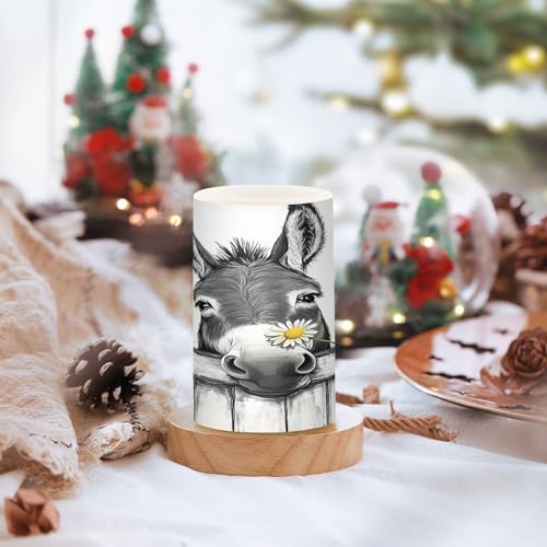 Image of Black White Donkey Flowers Wooden Flickering Flameless Candles LED Battery Operated with Remote Timer Pillar Candles for Home Birthday Wedding Christmas Decor, Set of 2