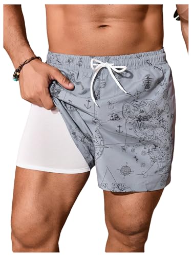 SHENHE Men's Swim Trunks with Compression Liner Graphic Hawaiian Swimming Shorts Bathing Suit