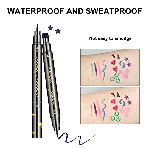 Jutqut 6Pcs Double-Head Liquid Stamp Eyeliner, Colored 6 In 1 Stars Flowers Hearts Moon Smiley Face Triangle Stamps Makeup Stamp Set, Waterproof Slim Gel Felt Tip Liquid Eyeliner Colorful Set Wingliner Shapes #TOP4