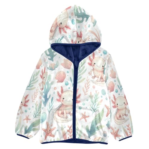 Cute Sea Axolotl Pattern Toddler Fleece Jacket Girl Boys Hooded Fleece Jacket Coat Warm Outwear Zip-up 3-10T