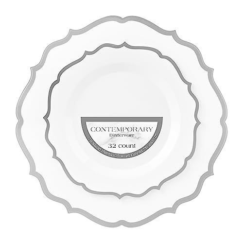 PLASTICPRO 128 Pack Elegant Disposable Plastic Plates Combo Set Includes 64 Dinner Plates and 64 Salad Plates Heavy Duty Fancy Party Plates White & Silver Contemporary Design