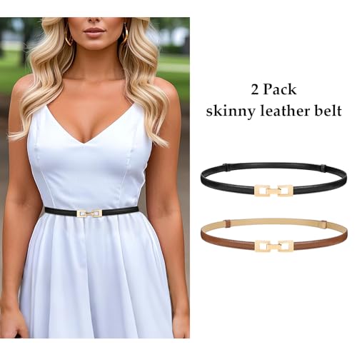WERFORU Women 2 Pack Skinny Belt for Dress,Thin Waist Belt Adjustable Leather Belt with Gold/Silver Buckle2