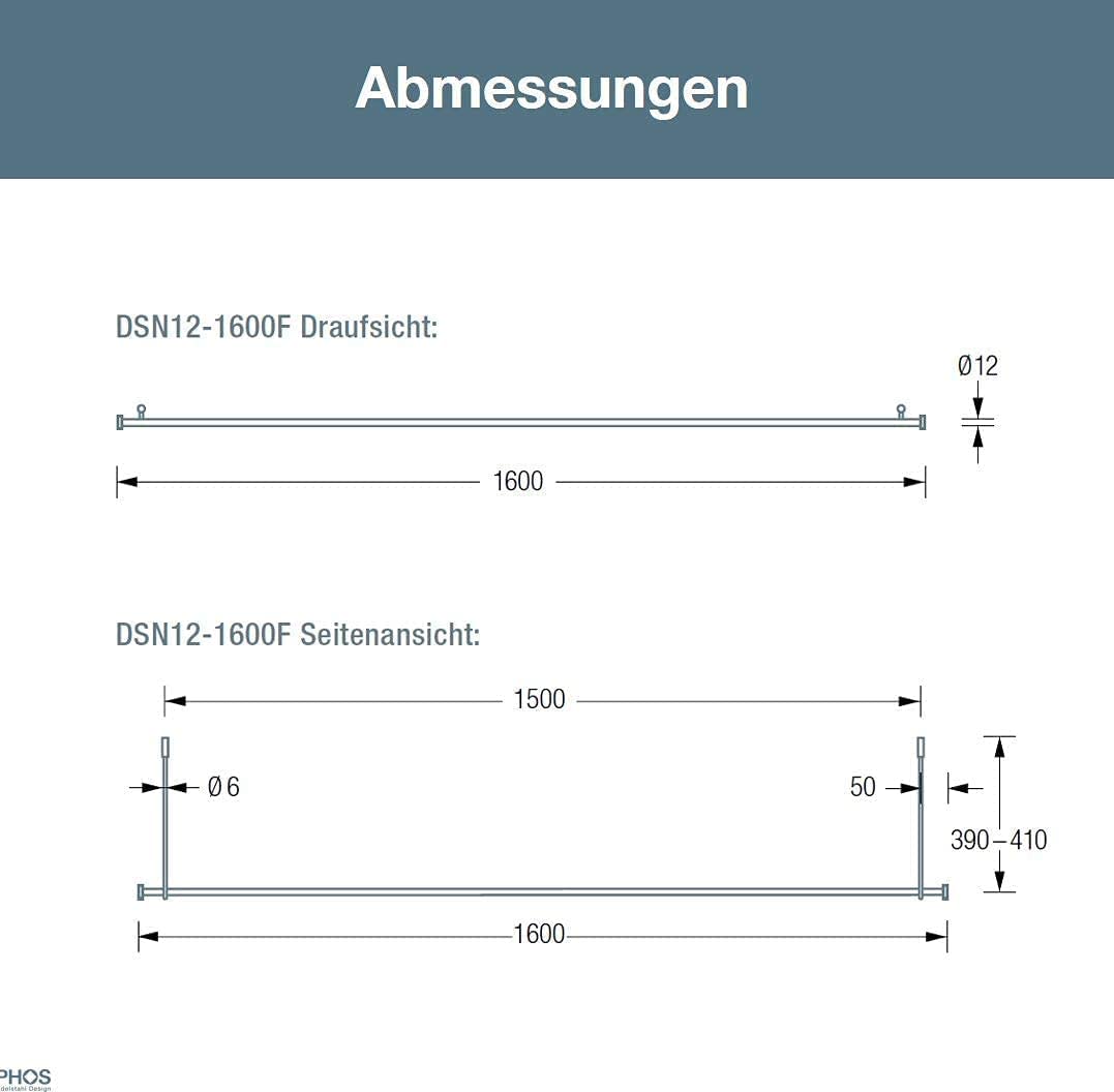 Duschvorhangstange freihängend 160 cm zur Deckenmontage, Durchmesser 12 mm, Deckenträger 40 cm einkürzbar, Edelstahl matt geschliffen, Duschstange ohne Wand-Bohrung - PHOS Design