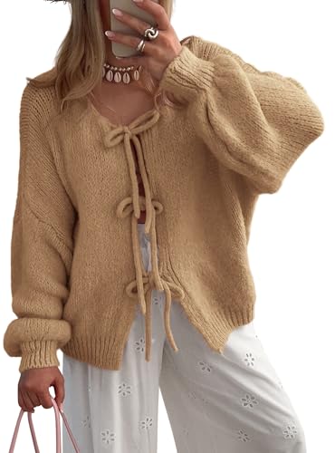 ATHMILE Women's Tie Front Bow Cardigan Sweaters Chunky Knit Long Puff Sleeve Trendy Fall Winter Jacket Coats 2025