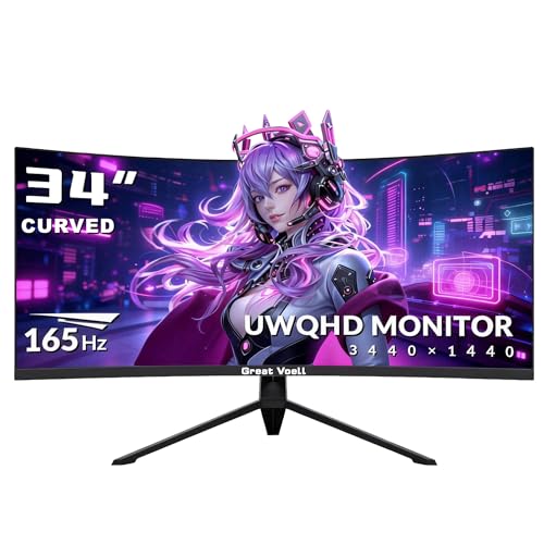 Image of Great voell 34-Inch Ultrawide Curved Monitor, WQHD 4K Display, 165Hz 21:9 Screen, AMD FreeSync, Eye-Care Tech, 4000:1 Deep Contrast, VESA Mountable,Panoramic for Office & Immersive Gaming