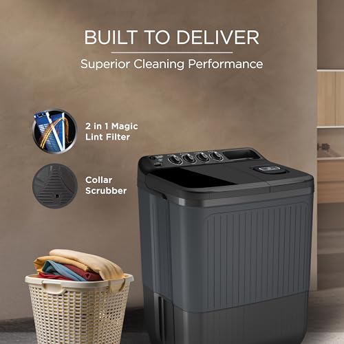 Image of Lloyd 7.5 kg 5 Star Semi Automatic Top Load Washing Machine |1300 RPM | Detergent Storage Zone | 3 Wash Programs | Swift Dry | Magic Filter, (GLWS755AODVG, Dark Grey)