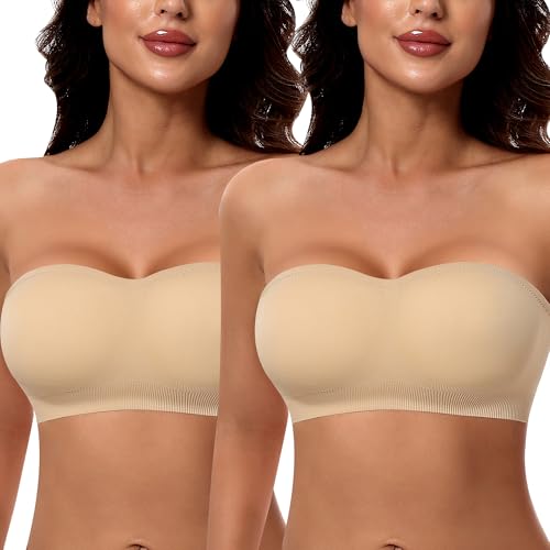DOCUMO Strapless Bra for Women Padded Bandeau Bra Non-Slip Silicone Seamless Wireless Comfy Tube Top (Beige + Beige, Small)