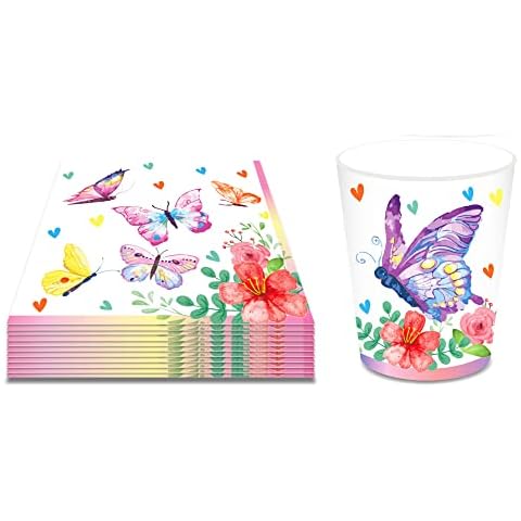 36Pcs Butterfly Flowers Party Supplies, Severs 16 Guests, Spring Party Dinnerware Include 20 Dessert Party Napkins, 16 Paper Cups Tableware for Wedding Party Birthday Baby Shower Decoration Cover