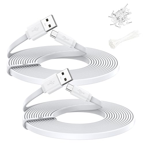 Pacote com 2 cabos de extensão de energia planos, USB-A para micro USB compatível com Wyze Cam v4/v3/OG/v3 Pro, Blink, Nest Cam Indoor, Kindle Fire, com 20 clipes de cabo e 20 peças de abraçadeira