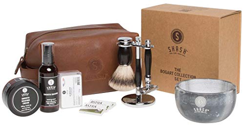 SHASH Bogart Collection Shaving Set, Shaving Kit Black - Includes Butterfly Razor, Silvertip Badger Brush, Stand, Pre-Shave Oil, Shaving Cream and Double Edged Blade