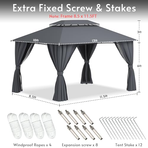 Rotihom Gazebo 10x13(Canopy Size) with Mosquito Netting & Privacy Screens. Double Roof Design Outdoor Gazebo with Powder-Coated Metal Frame for Patio, Deck, Backyard, Garden & Lawns - Thumbnail 2