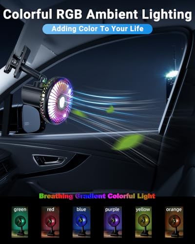 DICMKY USB Car Fan Oscillating Rechargeable Fan with Colorful Light Battery Powered, 360° Rotatable Portable Clip Visor Fans That Blow Cold Air, Small Cooler Mini Silent, for Vehicle Van Truck Suv Rv — view 3