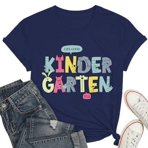Kindergarten Teacher Shirts for Women-Cartoon Preschool Short Sleeve Life Good Teacher Tee Tops