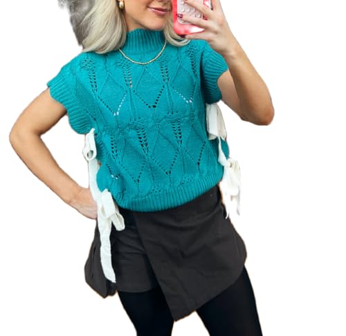 Image of Women Side Tie Sweater Vest Scallop Trim Mock Neck Knit Vest Bow Lace Up Ribbon Sweater Tank Top Knitwear