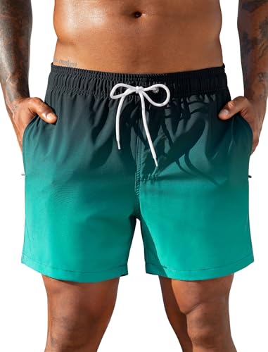 Image of SILKWORLD Men's Swim Shorts Quick Dry Swim Trunks Men with Zipper Pockets, Green Gardient, Large