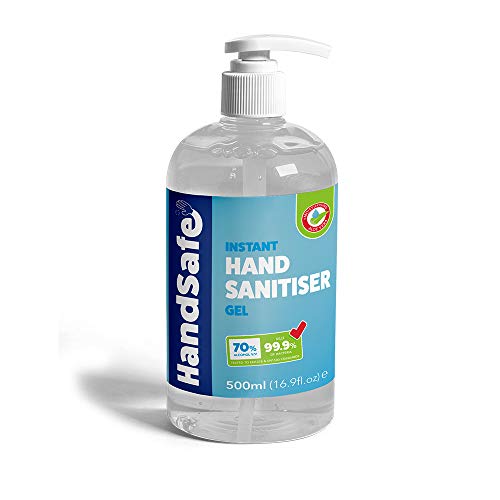 Handsafe Gel desinfectante instantáneo de manos, 1 botella de bomba de 500 ml, mata el 99% de bacterias, 70% a base de alcohol
