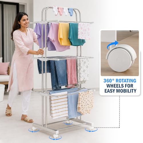 Image of JD FRESH 3 Tier Stainless Steel Clothes Drying Stand /Heavy Duty Rust Proof Laundry Rack with 360 Wheels /Foldable Cloth Hanger Stand & 24 Rods /Space Saving Cloth Dryer for Home, Balcony & Indoor Use