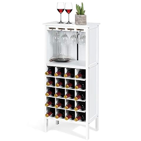 KOMFOTTEU Szafka na wino, stojak na wino z 20 butelkami i 4 rzędami uchwytów na kieliszki do wina, stojak na butelki 42 x 25 x 96 cm, drewniany regał na wino do kuchni, jadalni, baru (biała)