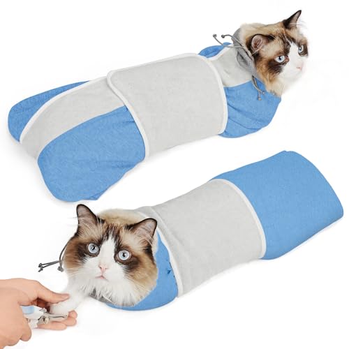Image of Supet Cat Grooming Wrap for Cutting Nails, Self-Adhesive Calm Cat Swaddle | Bite-Proof Mesh Hood & Thick Waist Strap Anti-Escape Anti-Scratch Bag for Nail Trimming, Medication, Ear Cleaning (Blue S)