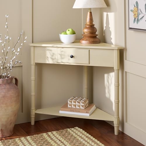 Image of SAFAVIEH Furniture - Gomez 1-Drawer Corner Table - Sand - Solid Wood - Classic Corner Storage Design - Ideal for Entryway, Living Room, Home Office, 33.1 inch W x 17.3 inch D x 28 inch H (AMH5709G)