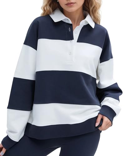SHBECYDE Women Striped Color Block Polo Sweatshirt Lapel Collared Long Sleeve Oversized Rugby Shirt 2025 Trendy Fall Clothes White-Blue