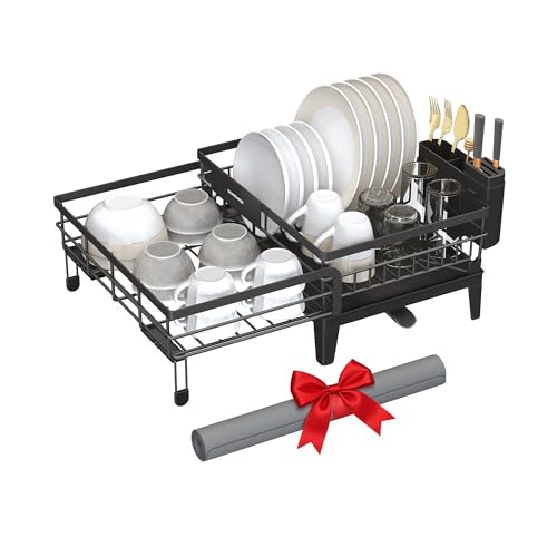 Image of SONGMICS Dish Drying Rack, Kitchen Dish Rack with Drainboard, 360 Rotatable and Extendable Spout, with Cutlery Holder, 23.9 x 16.8 x 8.9 Inches, Ink Black UKCS552B01