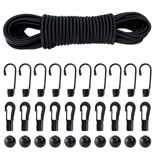 Corde Elastiche 10m x 4mm, Corda di Gomma con Ganci, Sfere, Gancio In Plastica, Corda Elastica Cavo Elastico per Teloni, Tende, Trasporto, Giardini, Campeggio, Kayak e Portapacchi - Set Fai Da Te